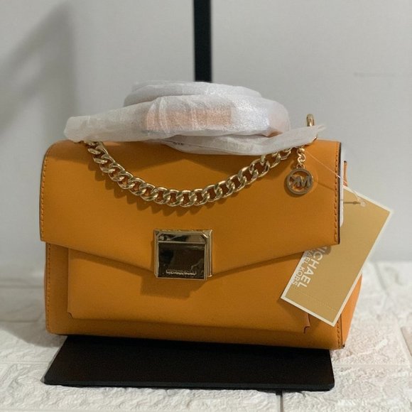 BNWT MICHAEL KORS LITA MEDIUM LEATHER CROSSBODY BAG | TOP HANDLE PURSE | GOLD HA - Picture 7 of 8